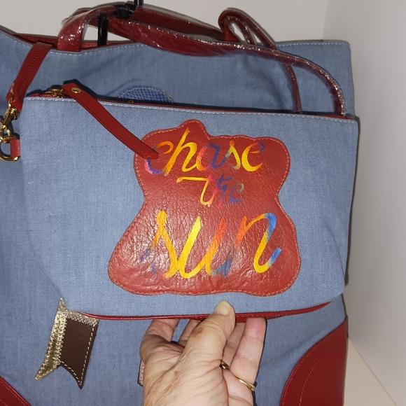 Sharif Animal Melange Denim & Leather Patchwork Tote with Cosmetic Bag, NWT - Picture 12 of 13